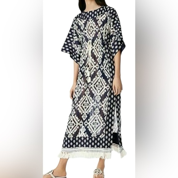 NEW Tory Burch Beatrice Dress Tapestry Geo  Cover Up Caftan Dress Fringe Size 4 - Picture 3 of 16